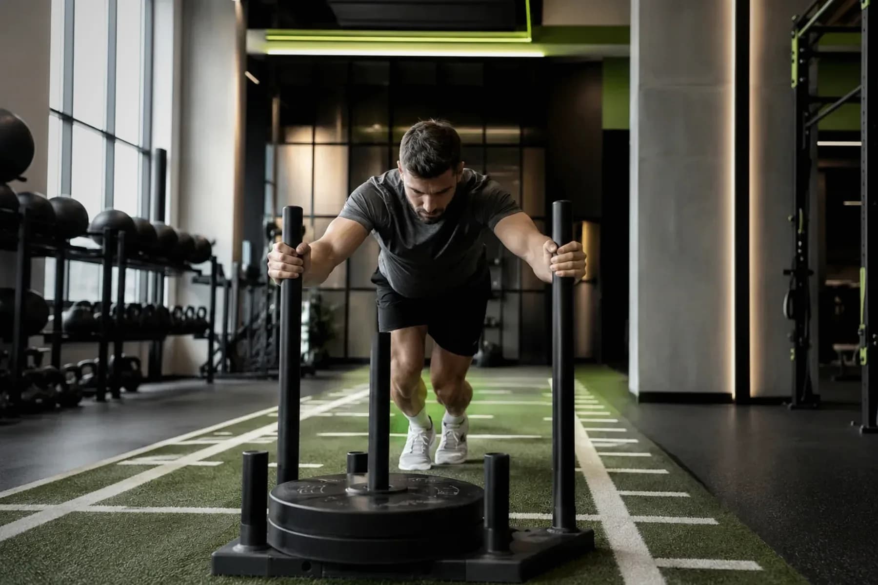 Member training on the FORGE functional turf and sled lane